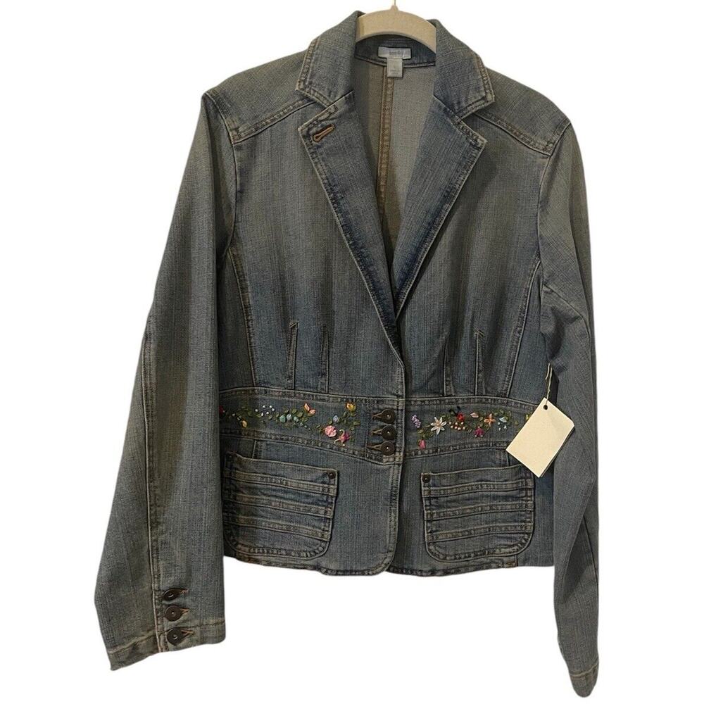 Apt 9 Jean Jacket Womens Large Denim Cropped Buttons Pockets-Hand Embroidered